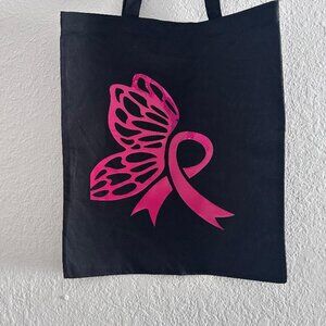 Pink Butterfly Breast Cancer Ribbon Black Tote